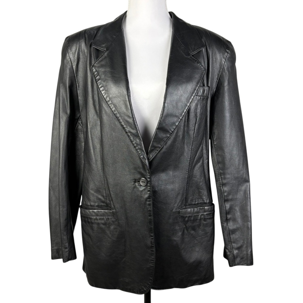 Vintage Nappa Leather Blazer Womens 12 Black Single Button Lord & Taylor 90s